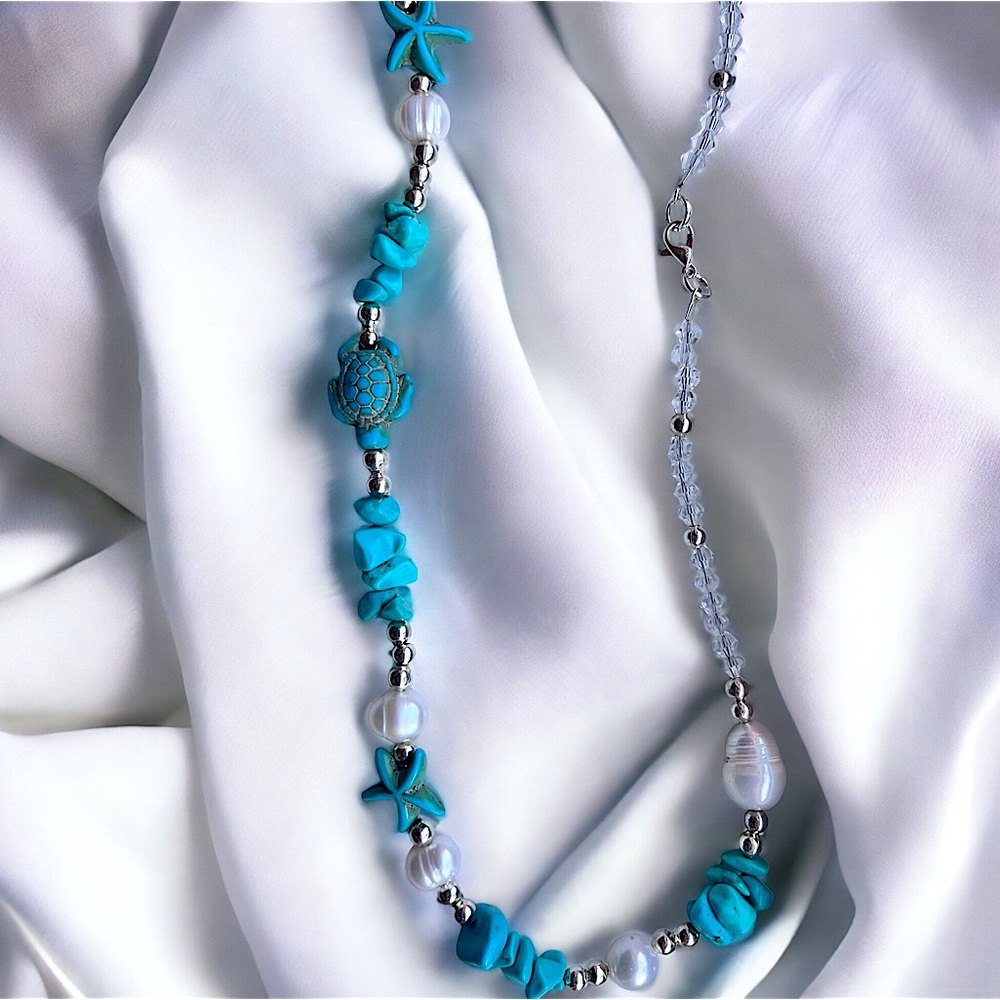 Turquoise Turtle & Starfish Necklace | Natural Pearls | handmade Jewelry